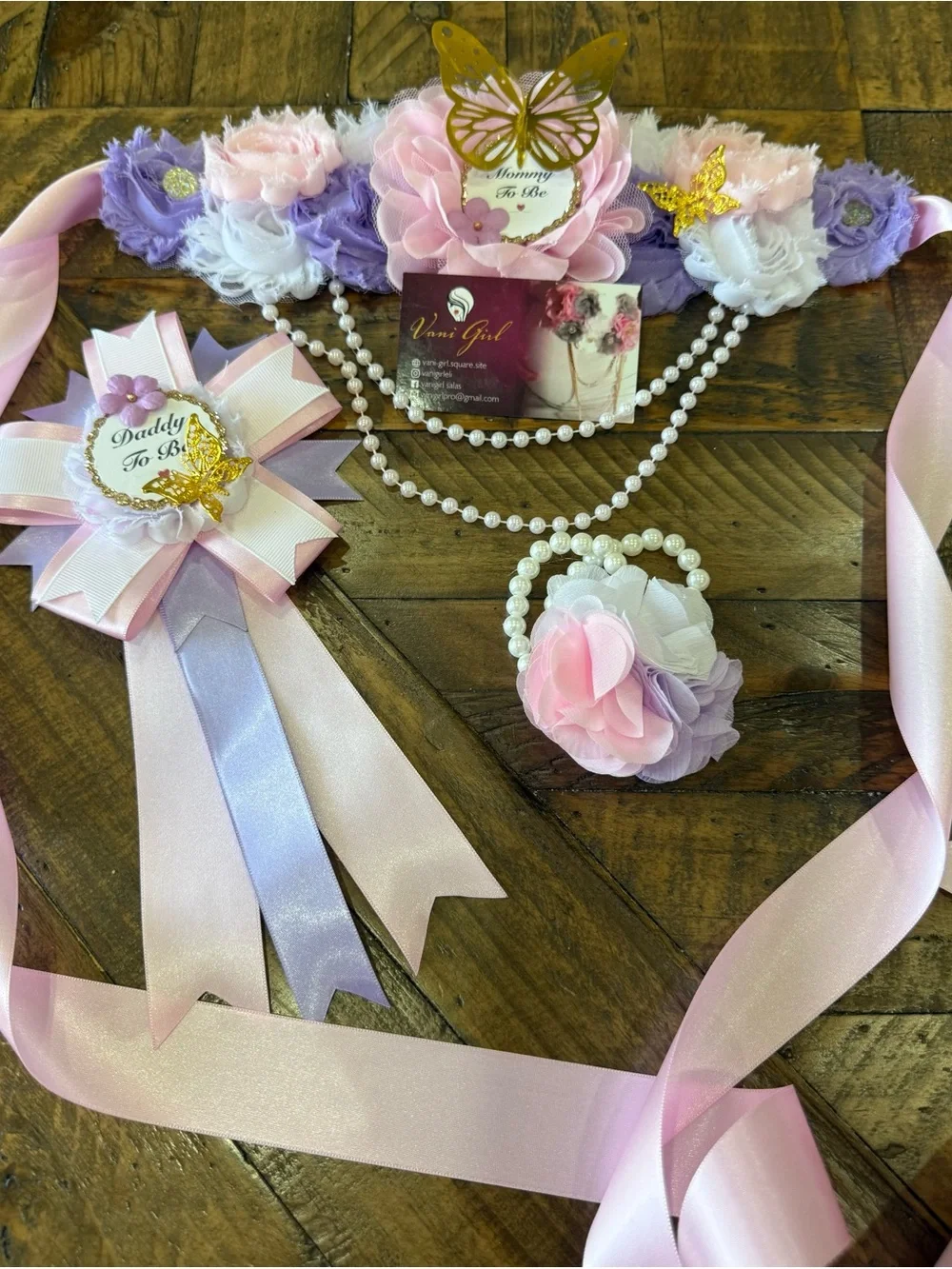 Floral Pink & Lavender Maternity Sash with Pearl Bracelet